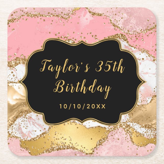 Gold and Pink Sequins Agate Birthday Square Paper Coaster (Front)