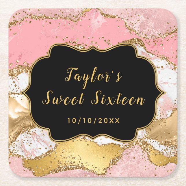 Gold and Pink Sequins Agate Sweet Sixteen Square Paper Coaster (Front)