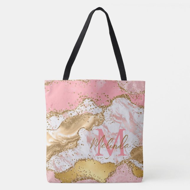 Gold and Pink Sequins Agate Tote Bag (Front)