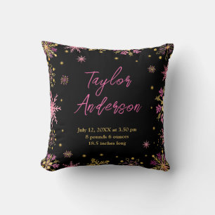 Gold and Pink Snowflakes Baby Birth Statistics Cushion