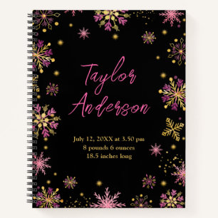 Gold and Pink Snowflakes Baby Birth Statistics Notebook