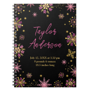 Gold and Pink Snowflakes Baby Birth Statistics Notebook