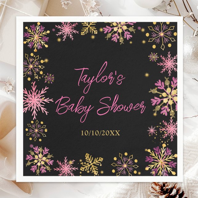 Gold and Pink Snowflakes Baby Shower Napkin (Creator Uploaded)