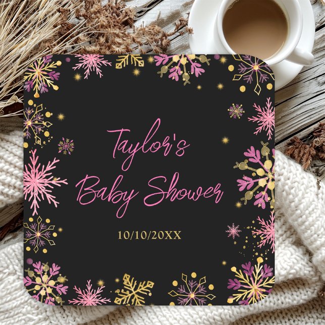 Gold and Pink Snowflakes Baby Shower Square Paper Coaster (Creator Uploaded)