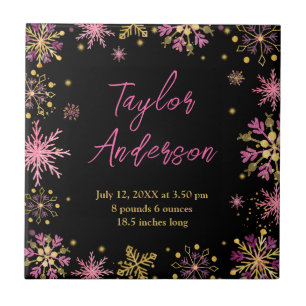 Gold and Pink Snowflakes Birth Stats Ceramic Tile
