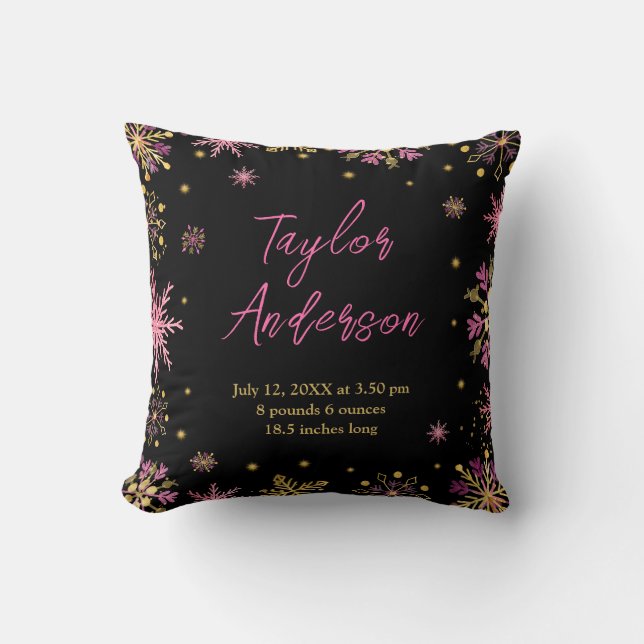 Gold and Pink Snowflakes Birth Stats Cushion (Front)