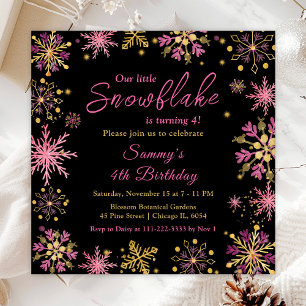 Gold and Pink Snowflakes Birthday Party Invitation