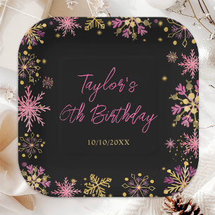 Gold and Pink Snowflakes Birthday Party Paper Plate