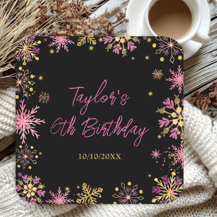 Gold and Pink Snowflakes Birthday Party Square Paper Coaster