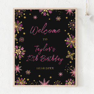 Gold and Pink Snowflakes Birthday Party Welcome Poster