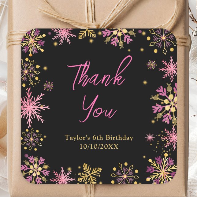 Gold and Pink Snowflakes Birthday Thank You Square Sticker (Creator Uploaded)