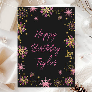 Gold and Pink Snowflakes Happy Birthday Card