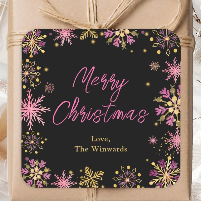Gold and Pink Snowflakes Merry Christmas Square Sticker (Creator Uploaded)