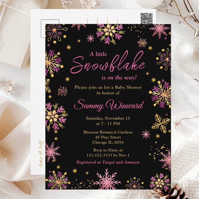 Gold and Pink Snowflakes Winter Baby Shower Postcard (Creator Uploaded)