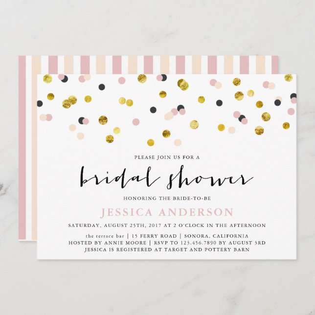 Gold and Pink Sprinkles Bridal Shower Party Invitation (Front/Back)