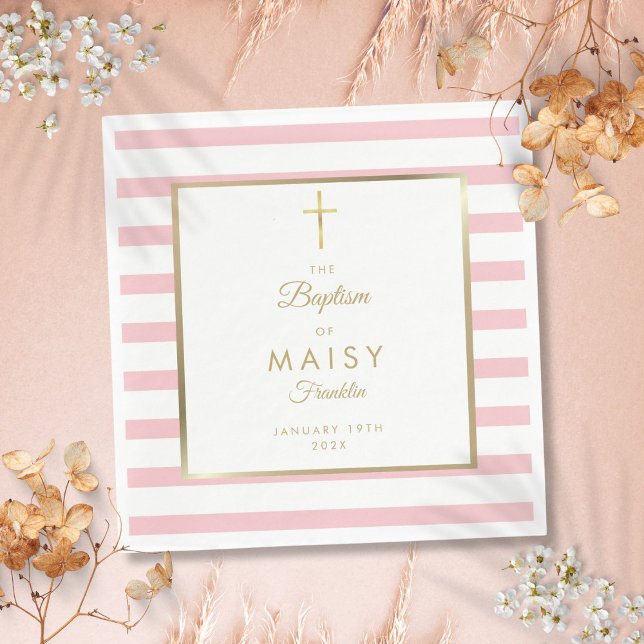 Gold And Pink Stripe Baptism Christening Napkin (Gold And Pink Stripe Baptism Christening Napkins)