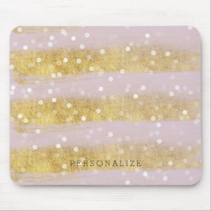 Gold and Pink Stripes Bokeh Confetti Mouse Pad