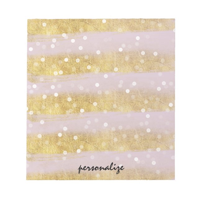 Gold and Pink Stripes Bokeh Confetti Notepad (Front)