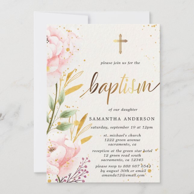 Gold And Pink Watercolor Girl Baptism Invitation (Front)