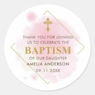 Gold And Pink Watercolor Girl Baptism Thank You Classic Round Sticker