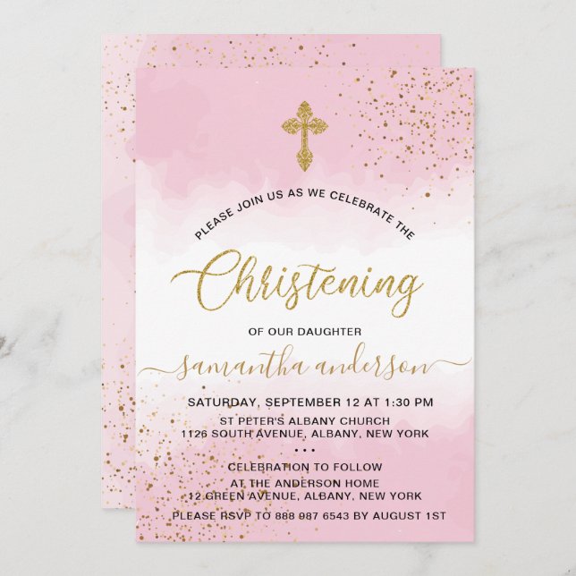 Gold And Pink  Watercolor Girl Christening Invitation (Front/Back)