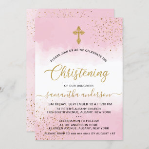 Gold And Pink  Watercolor Girl Christening Invitation