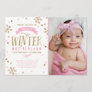 Gold and Pink Winter Onederland 1st Birthday Photo Invitation