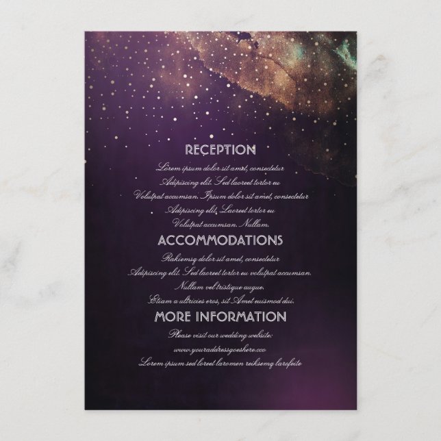 Gold and Plum Purple Night Wedding Information Enclosure Card (Front)