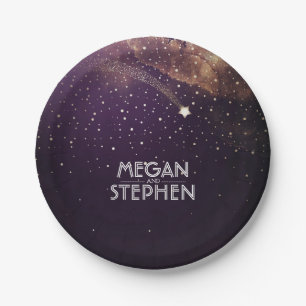 Gold and Plum Shooting Star Night Wedding Paper Plate
