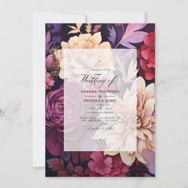Gold and Plum Wine Floral Fall Wedding Invitation (Front)