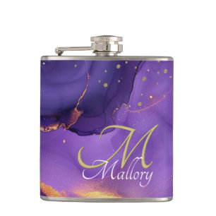 Gold and Purple Agate 💜✨Elegant Script Monogram  Hip Flask
