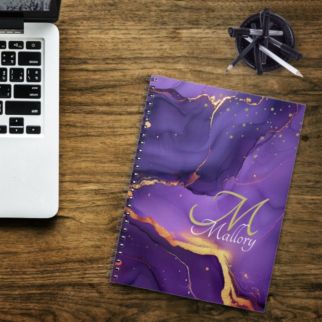 Gold and Purple Agate 💜✨Elegant Script Monogram  Notebook (Gold and Purple Agate 💜✨Elegant Script Monogram Notebook |  Try on your monogram on screen now!)