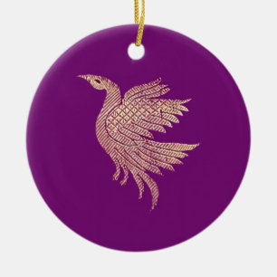 Gold and purple bird christmas tree ceramic ornament