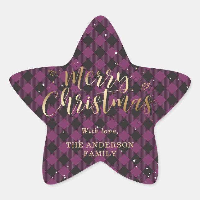 Gold and Purple Buffalo Plaid Merry Christmas Star Sticker (Front)