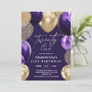 Gold and Purple Chic Balloons 21st Birthday Invitation