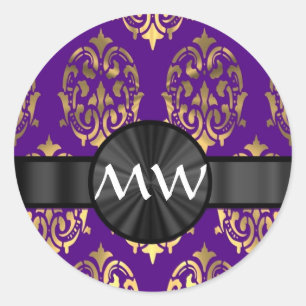 Gold and purple damask pattern classic round sticker
