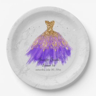 Gold and purple dress glitter sweet sixteen paper plate