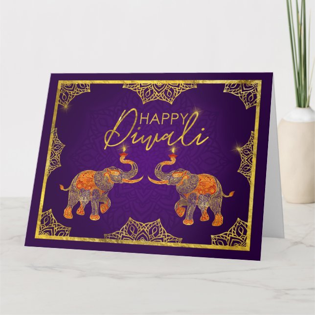 Gold and purple Elephants Happy Diwali Card (Front)