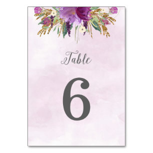 Gold and Purple Flowers Wedding Table Number Card