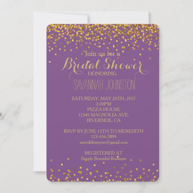 Gold and Purple Glam Confetti Dots bridal shower Invitation (Front)