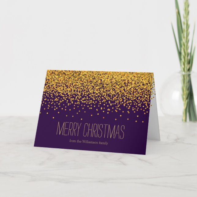Gold and Purple Glam Confetti Dots Christmas Holiday Card (Front)