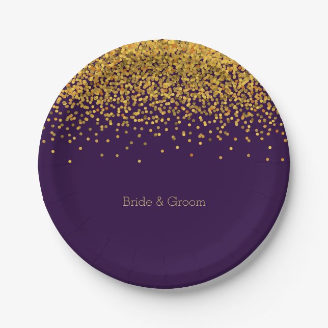 Gold and Purple Glam Confetti Dots Paper Plate (Front)