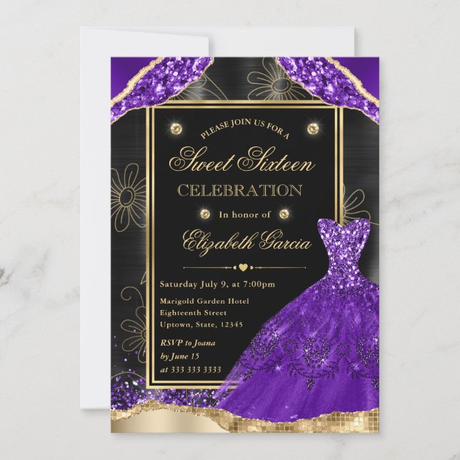 Gold and Purple Glitter Dress Sweet Sixteen Invitation (Front)
