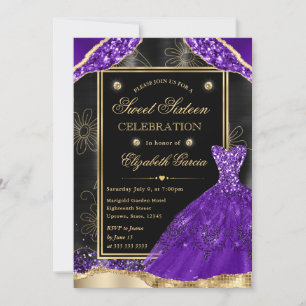 Gold and Purple Glitter Dress Sweet Sixteen Invitation