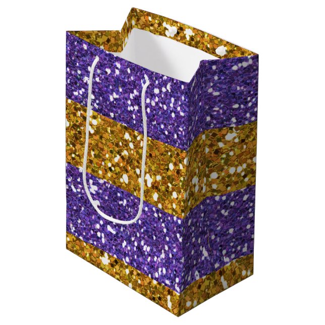 Gold and Purple Glitter Stripes Printed Medium Gift Bag (Front Angled)
