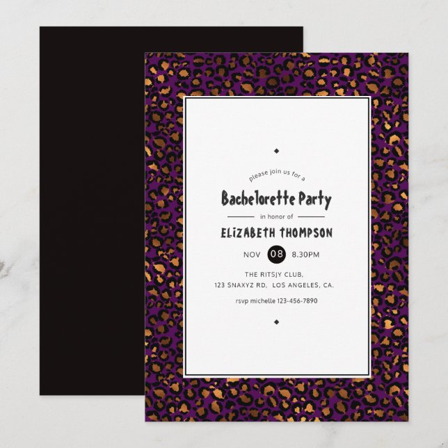 Gold and Purple Leopard Bachelorette Party Invitation (Front/Back)