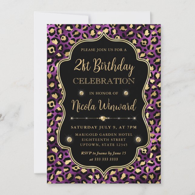 Gold and Purple Leopard Print Birthday Party Invitation (Front)