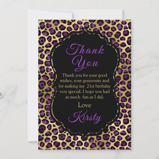 Gold and Purple Leopard Print Birthday Party Thank You Card (Front)