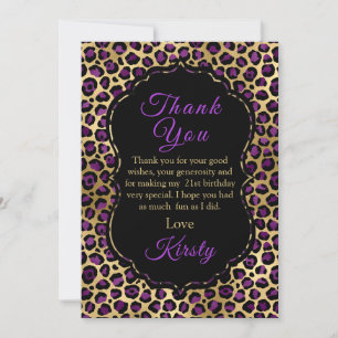Gold and Purple Leopard Print Birthday Party Thank You Card