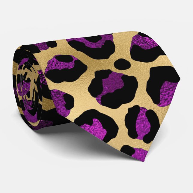 Gold and Purple Leopard Print Tie (Rolled)